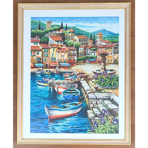 Anatoly Metlan Resort Town Art Serigraph In Color, Framed 12" x 16" Iris Seaside - Picture 1 of 7